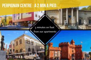 a collage of pictures of a city at ELEGANCE Castillet - Plein Centre Proche Gare Bus et Transports - IDEAL COUPLE ou PRO - Moderne et Confort - OFFRE SPECIALE in Perpignan