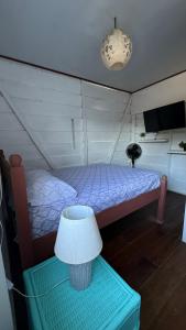 a room with a bed and a lamp on a table at Soul Rebel Hostel in Puerto Viejo +26 photos
