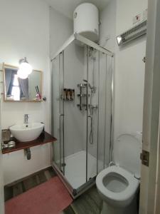 a bathroom with a shower and a toilet and a sink at Maleth Inn in Rabat +63 photos