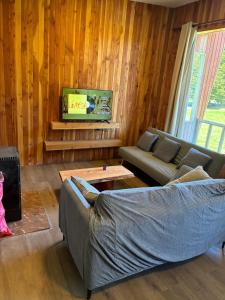 a living room with a couch and a tv at Cabaña de Lujo Independiente in Frutillar