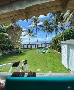 a view of a yard with palm trees and the ocean at El Mar Azul Franchecis hostal in Juan Dolio