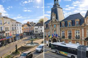 two pictures of a city with a bus and a clock tower at Château Walk Studio Appartement in Fontainebleau +1 photo