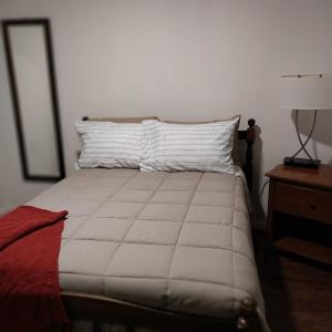 a bedroom with a bed with a pillow and a lamp at The Elect at Pinewood in Millbrook