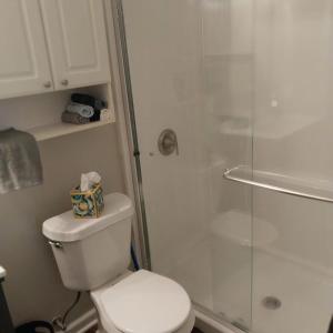 a bathroom with a toilet and a glass shower at The Elect at Pinewood in Millbrook +1 photo
