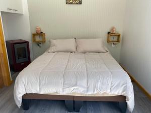 a bedroom with a bed with a white comforter and a tv at Ruta Divisadero in Coihaique