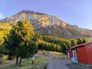 a mountain with a red building and a tree at Ruta Divisadero in Coihaique