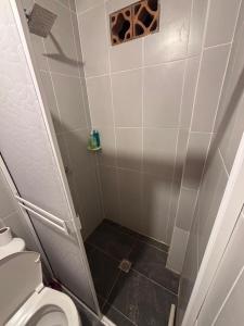 a small bathroom with a toilet and a shower at Maracuya Hostel in San Rafael +40 photos
