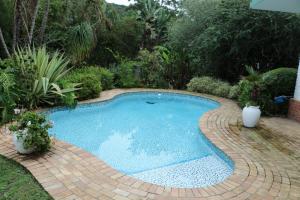 a swimming pool in a garden with a brick path around it at Forword's River Lodge in East London +29 photos