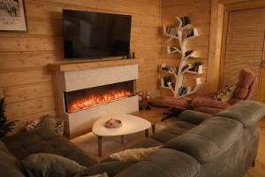 a living room with a couch and a fireplace at Domek w sam las in Ochotnica Dolna