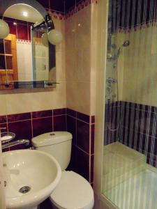 La salle de bains est pourvue de toilettes, d'un lavabo et d'une douche. dans l'établissement Dom na wzgórzu, à Kiczora