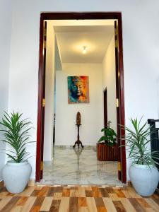 a hallway with two potted plants and a painting on the wall at Blessora Sky Retreat in Kalutara