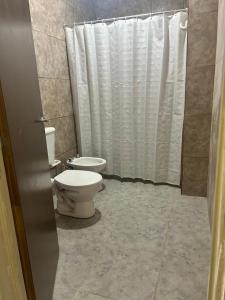 a bathroom with a toilet and a shower curtain at Cima Departamentos in Rivadavia