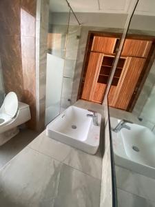 a bathroom with a sink and a toilet and a mirror at Green Minimalist in Jakarta +3 photos