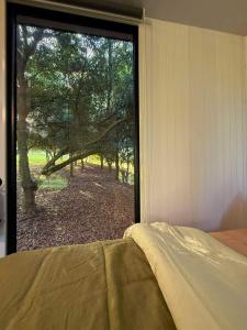 a bedroom with a window looking out at a tree at Under the Velvet Sky by Tiny Away in Dagun