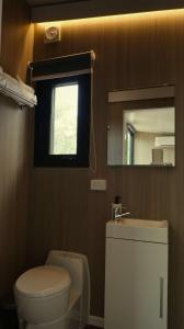 a bathroom with a toilet and a sink and a mirror at Under the Velvet Sky by Tiny Away in Dagun +8 photos