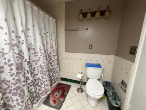 a bathroom with a toilet and a shower curtain at Citrus Loft - Quiet and convenient female only in Covina