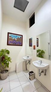 a bathroom with two sinks and a potted plant at The Cabin Tugu Hostel in Yogyakarta