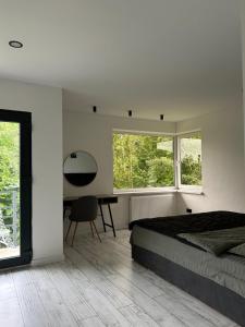 a bedroom with a bed and a desk and windows at Villa Bory in Vygoda