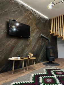 a living room with a tv on a wall at Villa Bory in Vygoda