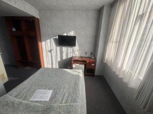 a bedroom with a bed and a desk and a television at ホテルルネサンス土浦 in Tsuchiura