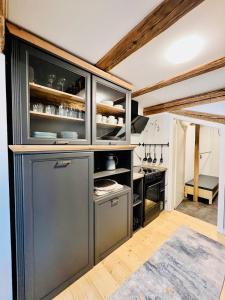 a kitchen with a large gray refrigerator at Casa Ribeiro Sotao in Bischberg
