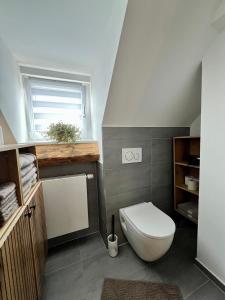 a bathroom with a white toilet and a window at Casa Ribeiro Sotao in Bischberg +39 photos