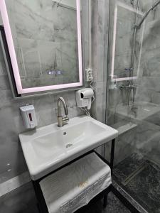 a bathroom with a sink and a mirror and a shower at Perfect Ploiesti in Ploieşti
