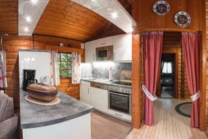 a kitchen in a log cabin with a sink and a refrigerator at Schwedenhaus Uplandalm Willingen in Bömighausen
