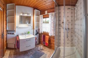 a bathroom with a shower and a sink and a tub at Schwedenhaus Uplandalm Willingen in Bömighausen