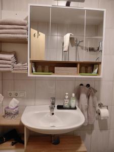 a bathroom with a sink and a mirror and towels at Hinter-Apartments-Nord in Rohrbach
