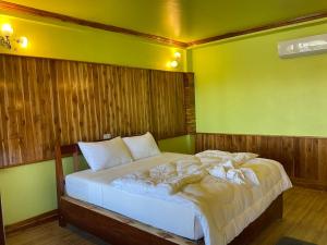 a bed in a room with a green wall at Pan guest house Donkhone in Ban Donsôm