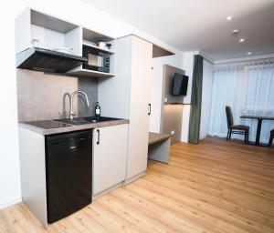 an apartment kitchen with a sink and a living room at Living Inn am Schlosspark - Zentral, Parkplatz und Kitchenette in Rheda-Wiedenbrück