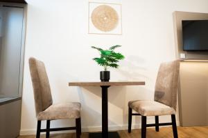 a table with two chairs and a potted plant on it at Living Inn am Schlosspark - Zentral, Parkplatz und Kitchenette in Rheda-Wiedenbrück