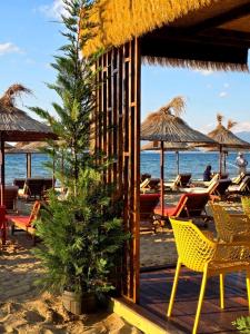 a resort with a christmas tree on the beach at Perla Hotel in Pogradec
