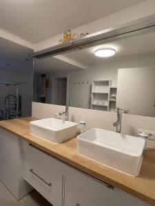 a bathroom with a large white sink on a counter at Beim Wiesbau‘r in Pichl bei Wels