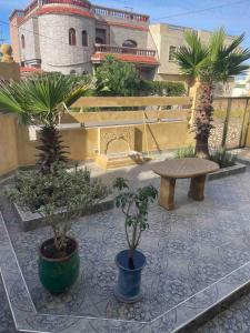 a patio with potted plants and a bench and a building at Villa haut standing vue mere in Kenitra