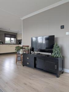 a living room with a large flat screen tv at Bright Holiday Home with Hot Tub Near Breda in Molenschot