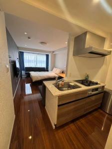 a kitchen with a sink and a living room at Eko House in 横浜石川町駅 in Yokohama