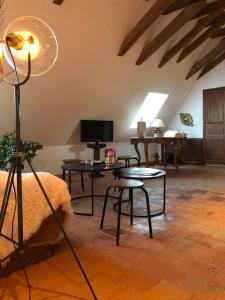 a living room with tables and chairs and a tv at Les hauts des Soussilanges in Céron
