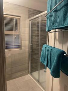 a bathroom with a glass shower with blue towels at Riverside Cottage in Kildare