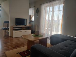 a living room with a couch and a table and a tv at Ferienwohnung Oberreiter in Sandl