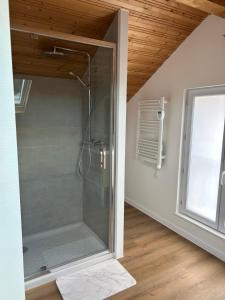 a glass shower in a room with a window at Les Coteaux in Gérardmer +24 photos