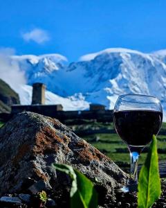 a glass of red wine sitting next to a rock at Hotel-restaurant Stumari in Ushguli