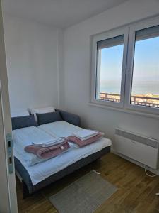 a bed in a room with two windows at Luxury Apartments Danube in Golubac