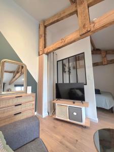 a living room with a tv and a mirror at Logement neuf tout équipé, climatisé, terrasse au calme, VELOS, barbecue, proche du bourg et des plages océanes, wifi, linge et ménage compris in Mimizan