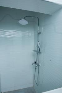 a shower with a glass door in a bathroom at Salama Blue Lodge in Lusaka +5 photos