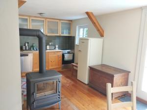 a kitchen with a wood stove in a room at Ferienhaus Malepartus Sächsische Schweiz in Bad Gottleuba