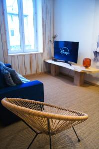 a living room with a couch and a table with a laptop at Le Havre Familial - 5 couchages climatisé in Romans-sur-Isère
