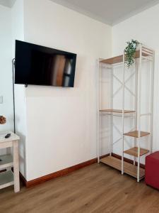 a room with a tv on a wall with shelves at Le Grec Wine Tram Apartment #2 in Franschhoek
