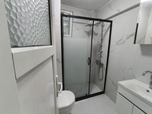 a white bathroom with a shower and a toilet at BlueRoyal Home Sultanahmet in Istanbul